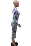 fuchsia Sexy Daily Polyester Patchwork Print Split Joint Tie-dye Half A Turtleneck Long Sleeve Mid Calf A Line Dresses