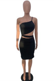 Black Fashion Sexy Hollowed Out Backless One Shoulder Sleeveless Dress