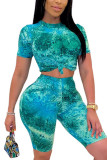 Green Fashion Casual adult Ma'am O Neck Print Two Piece Suits Stitching Plus Size