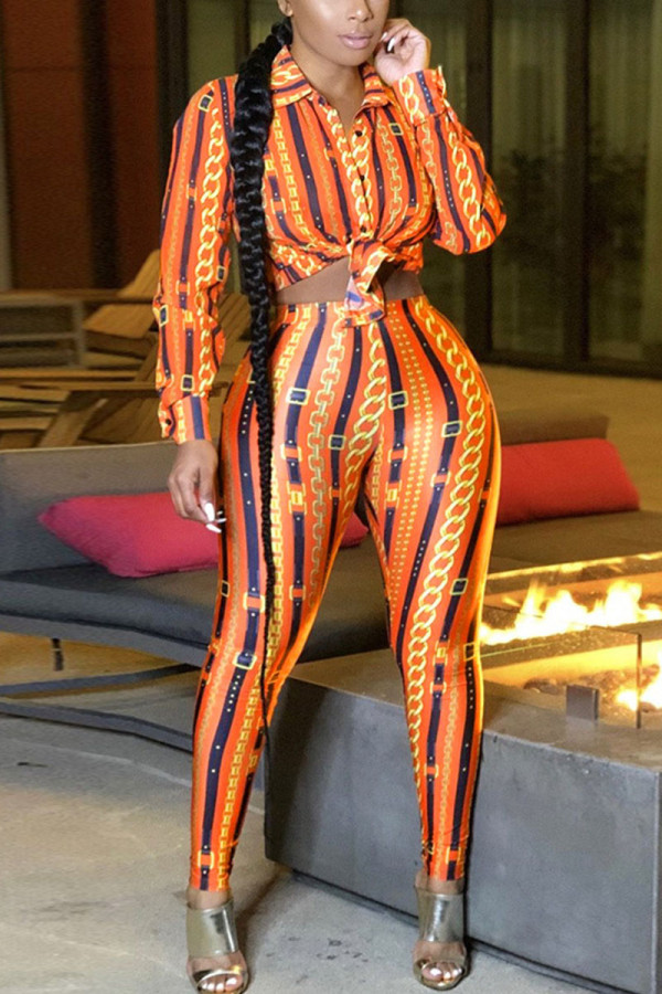 Orange Casual Print Turndown Collar Long Sleeve Two Pieces