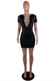 Black Fashion Sexy Solid Hollowed Out Patchwork V Neck Short Sleeve Dress