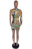 Yellow Fashion Sexy Print Hollowed Out O Neck Long Sleeve Dresses