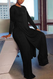 Black Fashion British Style Adult Polyester Solid Slit O Neck Long Sleeve Regular Sleeve Long Two Pieces
