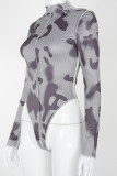 Grey Work Daily Print Patchwork O Neck Mid Waist Tops