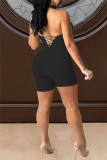 Red Sexy Solid Hollowed Out Backless Strap Design Halter Skinny Romper