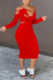 Red Fashion Sexy Solid Hollowed Out Long Sleeve Dress