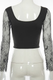 Black Sexy Solid Split Joint O Neck Mid Waist Tops