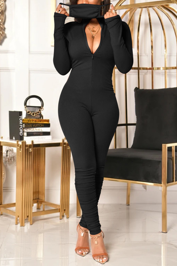 Black Casual Solid Fold Zipper Turndown Collar Regular Jumpsuits