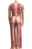 Pink Sexy adult Fashion O Neck Animal Prints Two Piece Suits Print serpentine