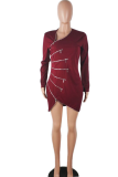 Red Sexy Solid Patchwork Zipper Collar Irregular Dress Dresses