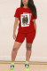 Red Casual Patchwork Print Straight Short Sleeve Two Pieces
