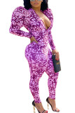 purple Fashion Street Adult Polyester Print Split Joint O Neck Skinny Jumpsuits