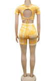 Yellow Sexy Polyester Print O Neck Short Sleeve Short Two Pieces