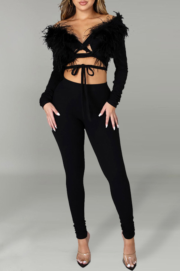 Black Fashion Sexy Solid Patchwork Strap Design V Neck Long Sleeve Two Pieces