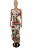 multicolor Polyester Sexy One Shoulder Sleeveless O neck Asymmetrical Ankle-Length Print Dresses