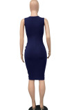 Royal blue Fashion Celebrities adult Ma'am Tank Sleeveless O neck Step Skirt Knee-Length Solid Draped Dresses