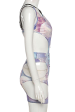 Blue Sexy Print See-through Mesh Halter Sleeveless Two Pieces