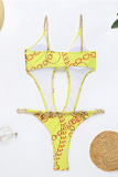 Yellow Sexy Print Chains Swimwears