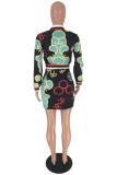 Black Polyester adult Casual Fashion Zippered Print Two Piece Suits Hip skirt Long Sleeve Two-Piece Dress
