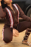 Coffee Casual Solid Zipper Collar Long Sleeve Two Pieces