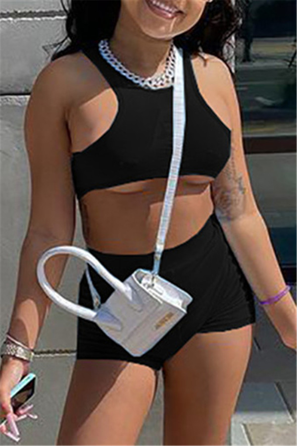 Black Casual Sportswear Solid Basic O Neck Sleeveless Two Pieces