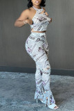 White Fashion Sexy Print Backless Halter Sleeveless Two Pieces