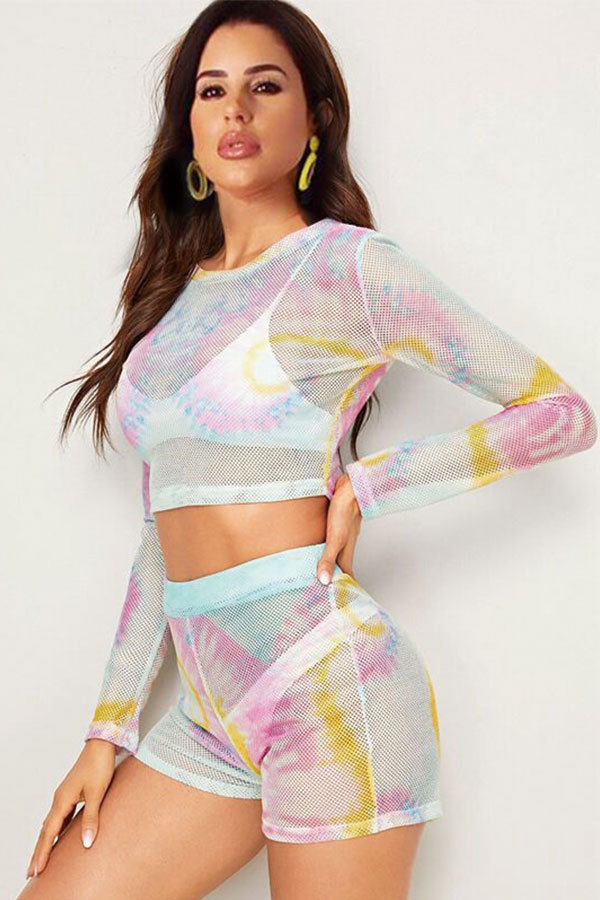 Multi-color Polyester Fashion Sexy Casual perspective Mesh Patchwork Tie Dye Straight Long Sleeve Two-Piece Sho