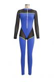 Blue Sexy Fashion perspective Patchwork Mesh zipper Polyester Long Sleeve V Neck Jumpsuits