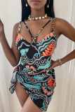 Yellow Sexy Print Patchwork Chains Swimwears Two Pieces