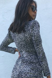 Black Polyester Fashion adult Sexy Cap Sleeve Long Sleeves V Neck cake dress Mini Leopard Print chain