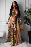 Blue Sexy Fashion adult Cap Sleeve Long Sleeves V Neck Asymmetrical Floor-Length split Print