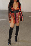 Red Sexy Striped Patchwork V Neck Irregular Dress Dresses