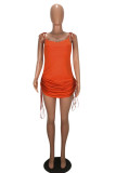 Orange Fashion Sexy Spaghetti Strap Sleeveless Slip Slim Dress Mid-Calf bandage asymmetrical Drap