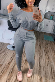 Dark Gray Casual Street Sportswear Living Polyester Cotton Blends Patchwork Solid Split Joint Pocket Pullovers Pants V Neck Long Sleeve Regular Sleeve Short Two Pieces