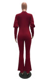 Wine Red Elastic Fly Long Sleeve Mid Beading Solid Loose Pants Jumpsuits & Rompers