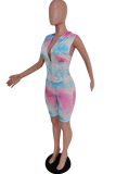 Multicolor Casual Patchwork Tie-dye Hooded Collar Sleeveless Two Pieces