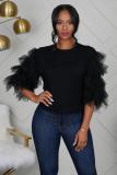 White O Neck Half Sleeve Mesh Solid Patchwork