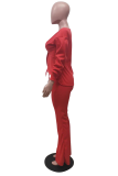 Tangerine Red Sexy Solid Split Joint V Neck Long Sleeve Two Pieces