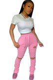 Pink Cotton Drawstring Elastic Fly Mid Draped Hole Solid Boot Cut Pants
