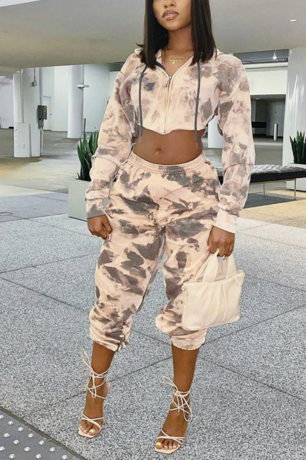 Brown Sportswear Print Tie-dye Hooded Collar Long Sleeve Two Pieces