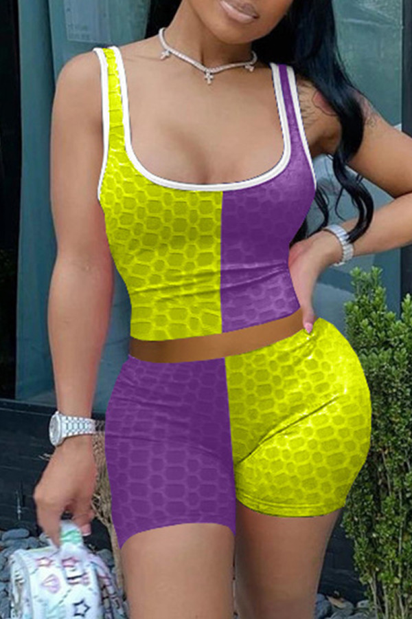 Green Purple Casual Sportswear Patchwork Basic U Neck Sleeveless Two Pieces