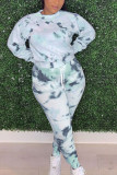 Green Casual Print Tie-dye O Neck Long Sleeve Short Two Pieces