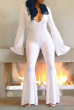 White Casual Solid Patchwork V Neck Skinny Jumpsuits