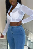 White Casual Solid Patchwork Turndown Collar Mid Waist Tops