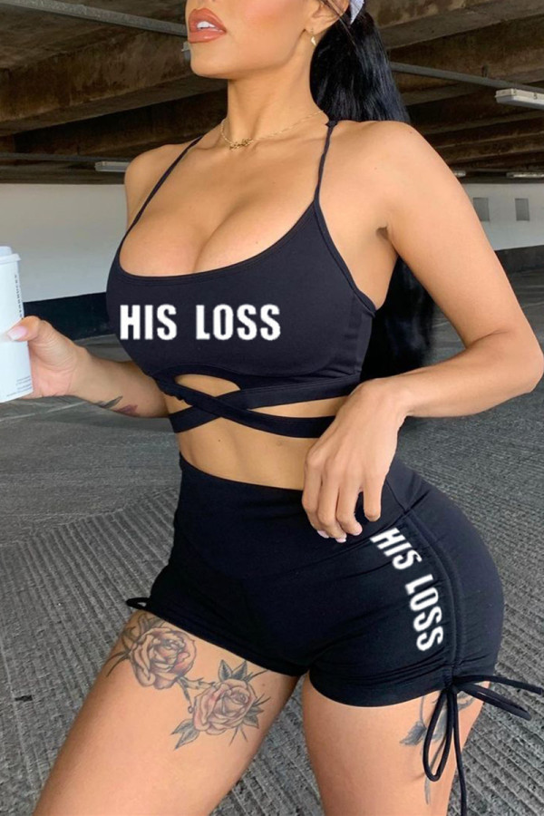 Black Sexy Casual Letter Print Backless Spaghetti Strap Sleeveless Two Pieces