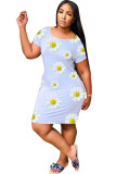 Grey Polyester Fashion Casual adult Ma'am Red Black Grey Blue Yellow Cap Sleeve Short Sleeves O neck Swagger Knee-Length Print Floral Dresses