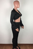 Black Polyester OL Solid Draped crop top Boot Cut Long Sleeve Two Pieces