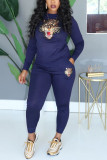 Black Fashion Casual Print Basic O Neck Long Sleeve Two Pieces