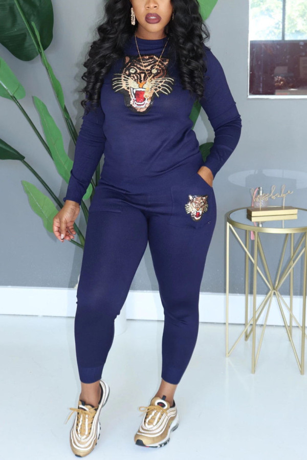 Dark Blue Fashion Casual Print Basic O Neck Long Sleeve Two Pieces