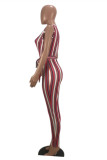 Pink Fashion Casual Striped Print With Belt V Neck Regular Jumpsuits